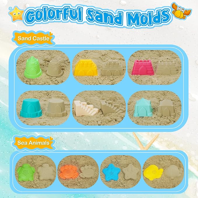 RACPNEL Collapsible Beach Toys for Kids, Foldable Sand Bucket and Shovels Set with Mesh Bag, Sand Castle Building Kit, Sandbox Toys, Travel Sand Toys Beach Essentials for Toddlers Age 3-10