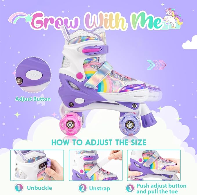 SULIFEEL Rainbow Unicorn 4 Size Adjustable Roller Skates for Girls Boys for Kids Ages 3-5 5-8 6-12 Children Skates Indoor Outdoor