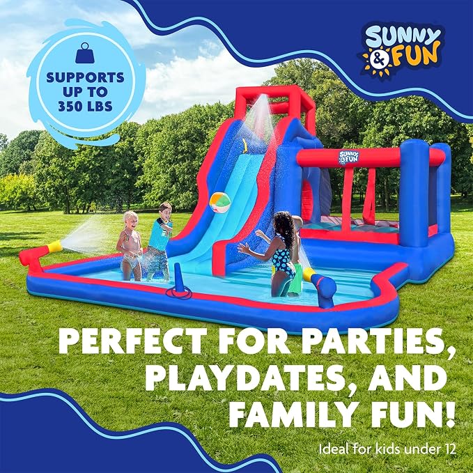 Sunny & Fun 2-in-1 Bounce & Blast Inflatable Water Slide Park – Heavy-Duty for Outdoor Fun - Climbing Wall, Slide, Bouncer, Tunnel & Splash Pool – Easy to Set Up, Included Air Pump & Carrying Case