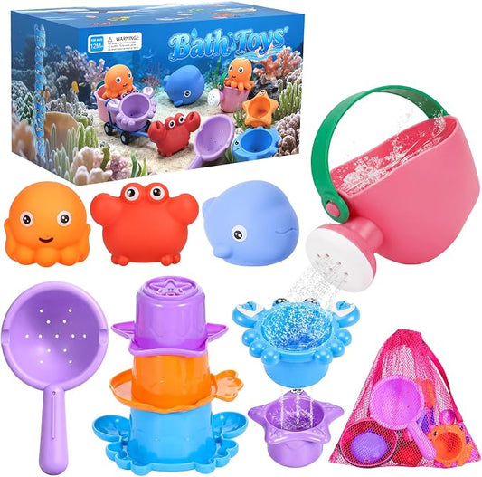 9 PCS Baby Bath Toys for Kids Ages 1-3, Mold Free Toddler Bath Toys for 2-4 with 3 No Hole Squeezing Marine Animals Toys, Bathtub Beach Sand Water Table Toys for 1 2 3 Years Old Girls Boys Gifts