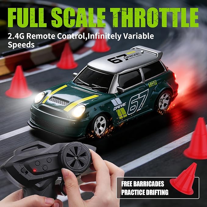 1:64 Mini RC Drift Car, 4WD Remote Control Car with LED Lights, Proportional Throttle, Multiple Drift Modes, USB Type-C Rechargeable Desktop Racing Toy for Kids & Adults