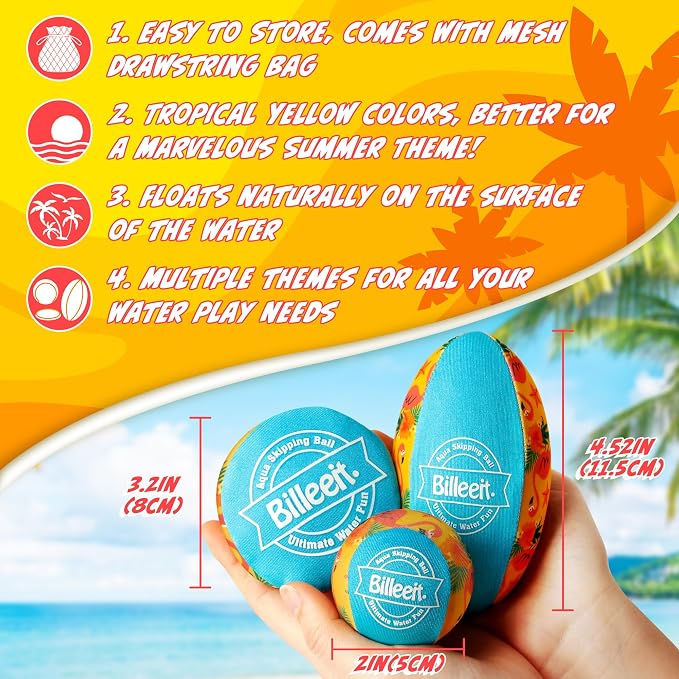 Billeeit 5Pcs Water Skipping Balls for Pool Play, Ocean Blue Splash Water Bouncing Balls with Portable Mesh Bag, Fun Beach Toys & Games for Kids 3+ 4-8-12 and Adults