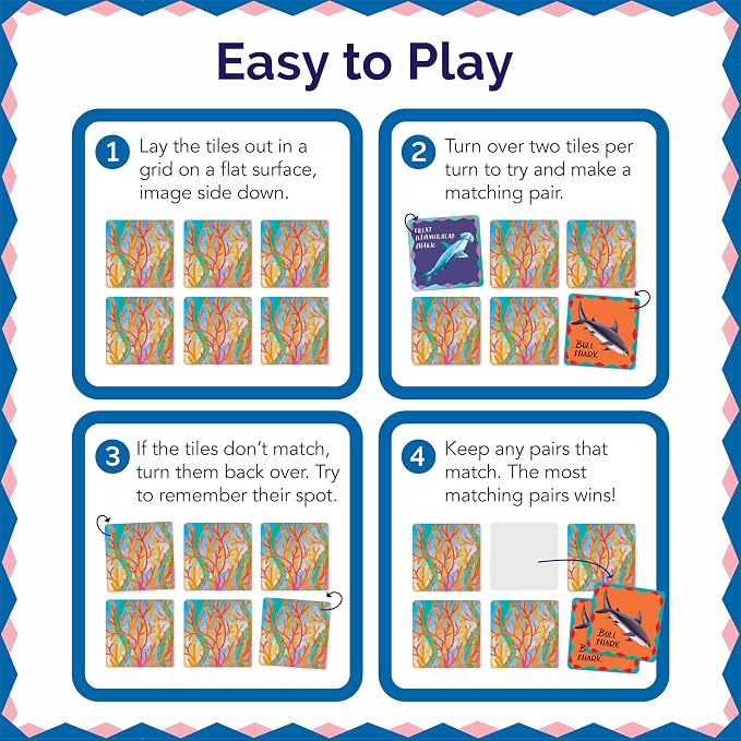 eeBoo: Memory & Matching Game- Shiny Sharks & Friends - 24 Matching Pairs, Educational Preschool Game, Kids Ages 3+, 1-4 Players