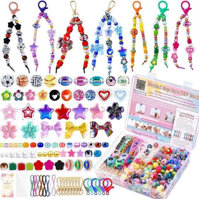 TOHONGADON 883 PCS Bead Keychain Making Kit, Colorful Bead Keychain Kits, DIY Bag Charm Kit, with Video Manual Gift Bags, Perfect for Gifts Party Festival Family Activity