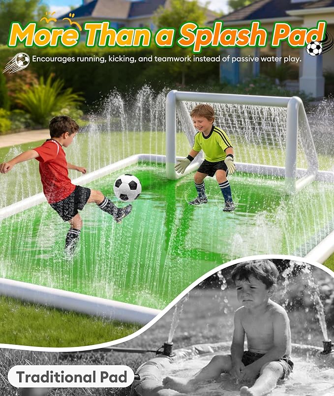 EPN Splash Pad for Kids, 138" x 118" Extra Large Sprinkler Mat with Soccer Goal & Ball, Non-Slip Thick PVC Water Play Mat, Outdoor Backyard Water Toys for Kids Ages 4-8 8-12, Lawn & Summer Fun