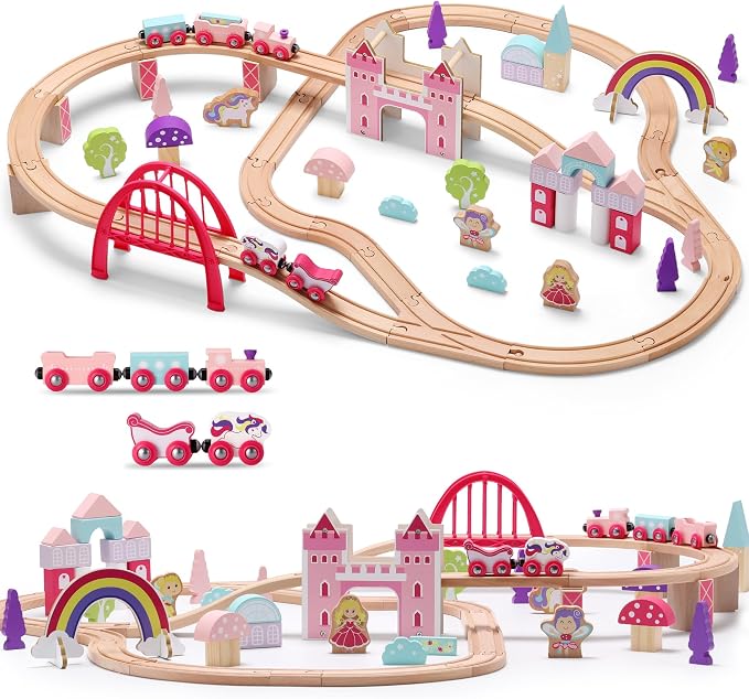 SainSmart Jr. Wooden Train Set 72 PCS Pink Train Set with Unicorn for Toddlers, Train Track Set Fit for Major Brands, Toddler Girl Toys with Castle - Ideal Train Toys Gift for 3 4 5 Year Old Girl