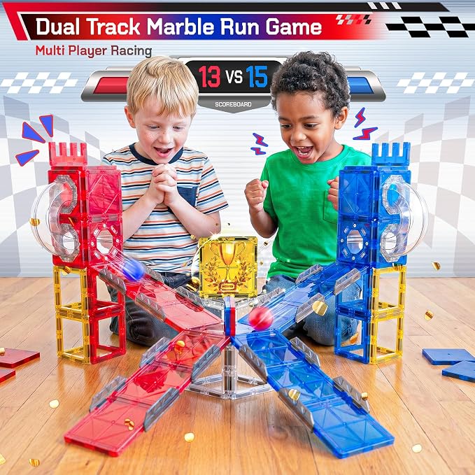 73pcs Magnetic Tiles for Kids Ages 4-8, STEM Magnetic Tiles Race Track & Marble Run, Preschool Magnetic Tile Rails Expansion Set, Creative Magnet Building Blocks for 4+ Year Old Boys Birthday Gifts