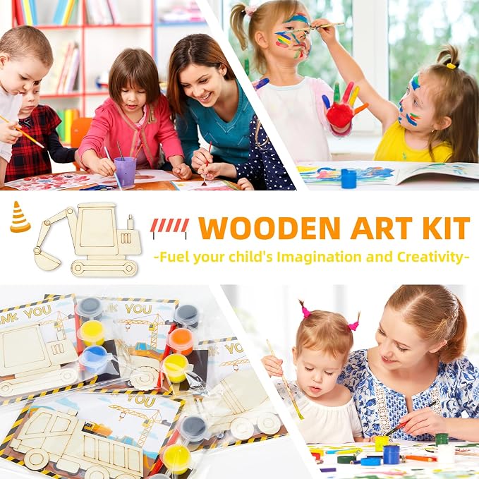 24 Set Construction Birthday Party Supplies, Trucks Parties Craft Construction Theme Birthday Paint Party Favors with Wooden Painting Crafts, Thank You Cards, Paints, Brushes and Bags Decorations