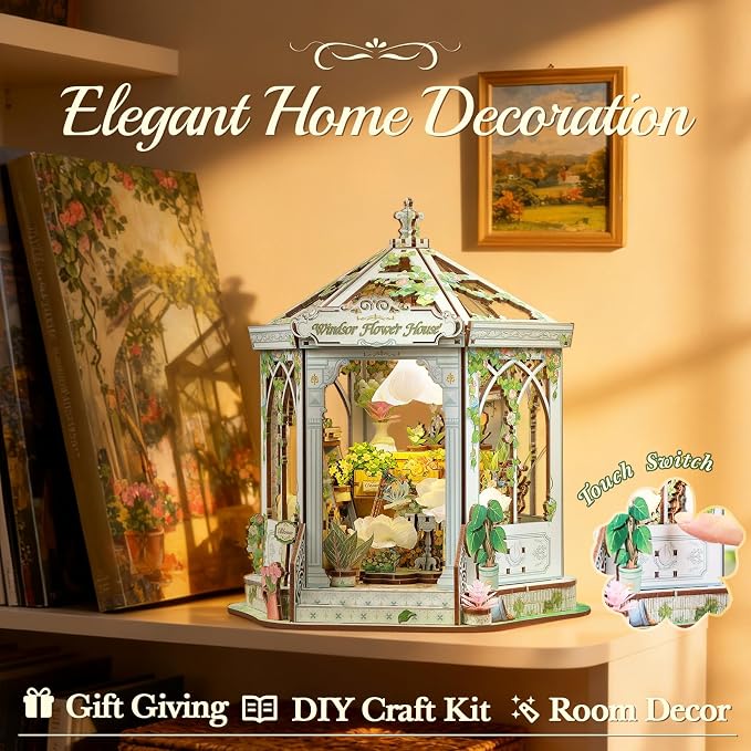 CUTEBEE DIY Miniature House Kit - 3D Wooden Puzzle Flower House Florist Book Nook Kit Model Building Set, Bookshelf Room Decor, DIY Craft Gifts for Adults Teens 14+ (Windsor Flower House)