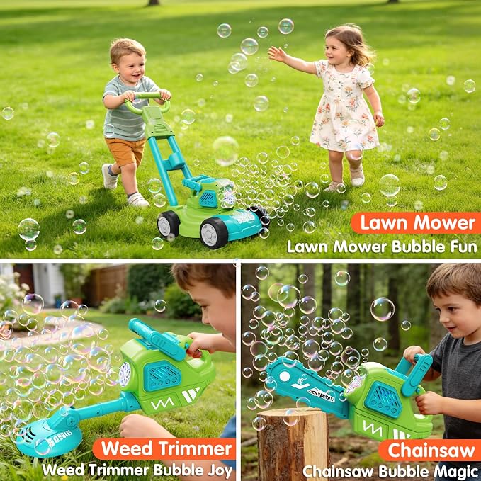 Bubble Lawn Mower for Kids,3-in-1 Bubble Machine Blower Toy Ages 3-8 Green | Automatic Bubble Blower,10 Solution Packs,Pretend Gardening Play,Push Toy for Toddlers,Summer Outdoor Gift for Boys and Girls