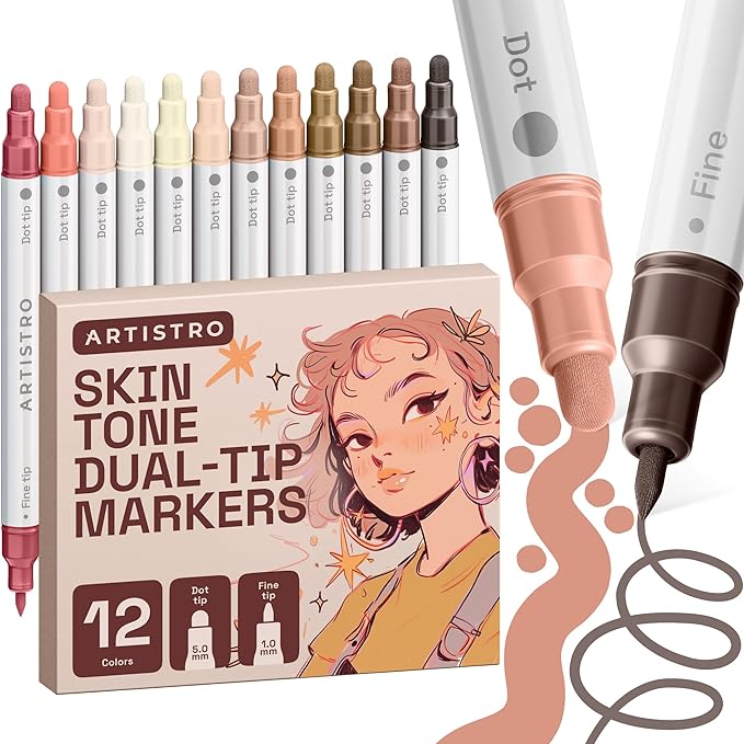 ARTISTRO 12 Skin Tones Dual-Tip Acrylic Paint Markers – Paint Pens Set with Dot & Fine Tips for Fabric, Rock, Glass, Wood, Coloring Books – Arts & Crafts Gift – Classroom Must Haves & School Supplies