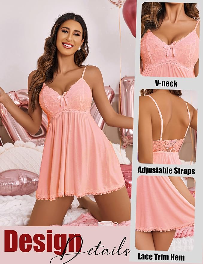 Avidlove Women Nightgown Sexy Sleepwear Lace Chemise V-neck Modal Babydoll Lounge Dress