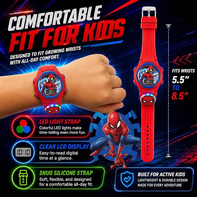 Marvel Spider-Man Kids Watches – Digital Display, Interactive Features, Adjustable Strap, Vibrant Spider-Man Graphics, Durable for Active Kids