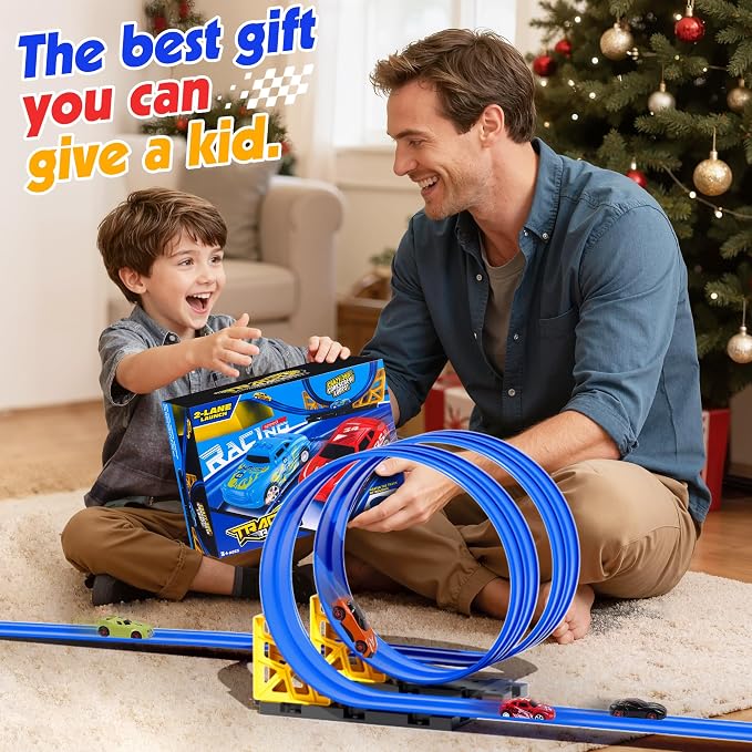 16-Ft Flexible Race Track Set for Kids, DIY Roll-Up Racetrack with 2 Launchers & 6 Mini Cars, Suction-Cup Portable Track Compatible with 1:64 Die-Cast Cars, Indoor & Outdoor Gift for Boys Girls 3+