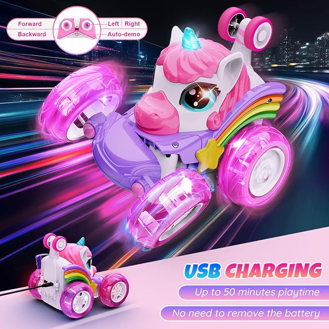 Unicorn Remote Control Car Toys for Girl - 360° Rotating Pink RC Stunt Cars 4WD Remote Cars for Kids, 2.4GHz Toy Car with LED Lights, Birthday Gift for 3 4 5 6 7 8 9 Year Old Girl