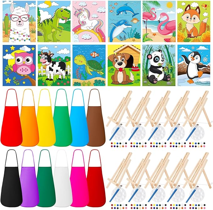 Ireer 84 Pcs 12 Sets Paint Party Kits Animal Pre Drawn Canvas, Wooden Easel, Paintbrushes, Palette, Acrylic Paints and Aprons, Pre Drawn Canvas to Paint for DIY Birthday Party Gift(8 x 10 Inches)