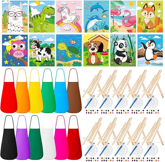 Ireer 84 Pcs 12 Sets Paint Party Kits Animal Pre Drawn Canvas, Wooden Easel, Paintbrushes, Palette, Acrylic Paints and Aprons, Pre Drawn Canvas to Paint for DIY Birthday Party Gift(8 x 10 Inches)