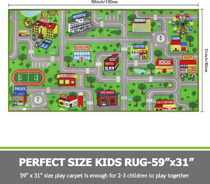 Capslpad Green Car Road Kid Rug Carpet Playmat for Playoom Traffic Road Kids Play Mat for Toddler Non Slip Washable City Map Race Track Carpet Rug for Kids Room Bedroom Nursery Room Decor,5'x2.7'