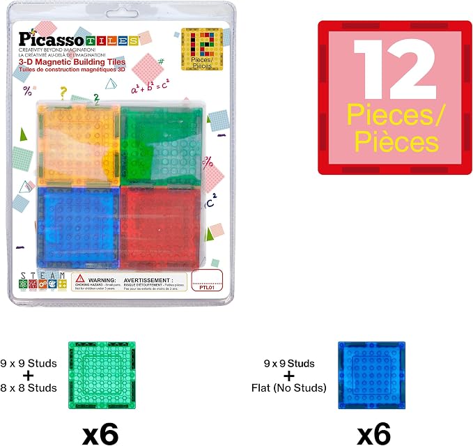 PicassoTiles Magnetic Brick Tiles STEM Creative Magnetic Tiles Building Block Set Building Brick Construction Toy Socket Spikes Toys Accessory Educational Imaginative Learning Kit Stacking Set