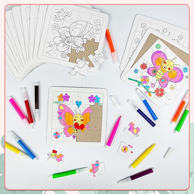 Cinrobiye 24 Pcs Butterfly Coloring Puzzle Craft Kit for Kids, DIY Butterfly Jigsaw Puzzles Bulk with 12 Designs, Spring Arts and Crafts Activities for Classroom Birthday Party Favors School Rewards