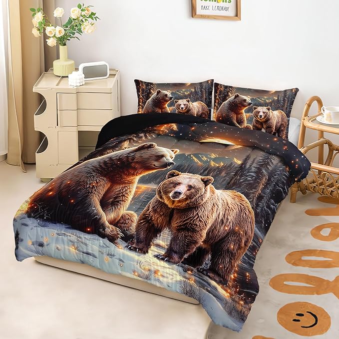 AILONEN Boys Rustic Bear Bedding Set Queen Size,Starry Brown Bear Comforter with 2 Pillowcases,3-Piece Snow Animal Soft Duvet Set
