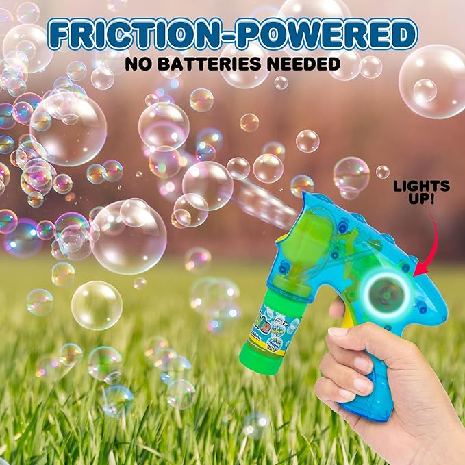 ArtCreativity 3 Pack Friction Powered Light Up Bubble Blaster Guns, Includes LED Bubbles Guns and 6 Bottles Fluid, Outdoor, Indoor Fun Gift Idea, Summer Party Favors (No Batteries Needed)