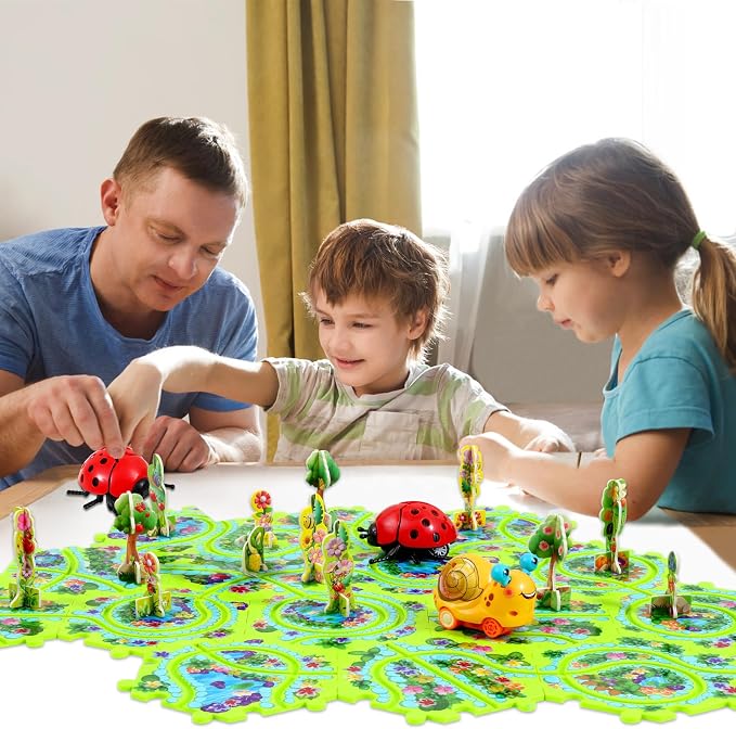 15Pcs Puzzle Racer Kids Car Track Set for Kids, Race Tracks for Toddlers Ages 3-8, Puzzle Track Car Play Set, Educational Puzzles Cars Toys Gifts for 3 4 5 6 7 Year Old Boys (Snail Ladybug)