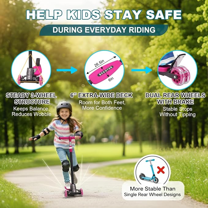 3 Wheel Kids Kick Scooter for Ages 3-12, Lean-to-Steer, Light-Up Wheels, 3-Level Adjustable Handlebar 27.5”-33”, Wide Non-Slip Deck, Dual Rear Brake,Travel Foldable, for Boys & Girls Toy Gifts