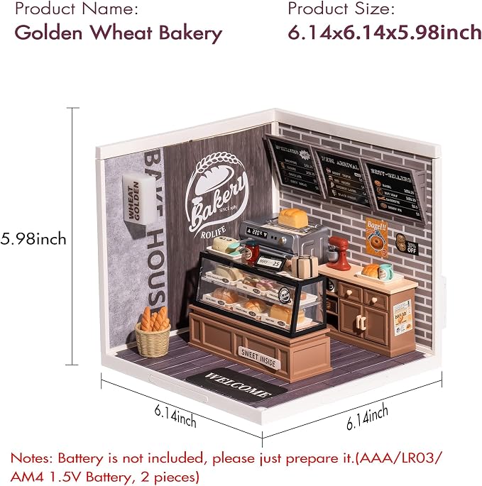 Rolife LED Building Blocks for Adults,1:24 Toy Building Sets,Model Building Kits,DIY Miniature Dollhouse Kits for Adults,Hobbies for Women Men (1.Golden Wheat Bakery)