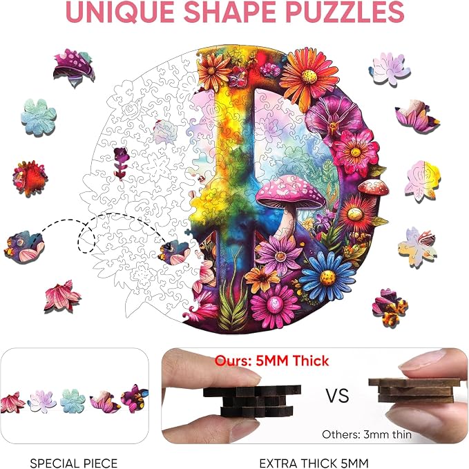 Mys Aurora Wooden Puzzles for Adults 500 Pieces, 5MM Thick Peace Jigsaw Puzzles, Unique Shape for Adults and Kids Birthday Gifts Family Puzzle Game, 16.4 x 15.1 Inches