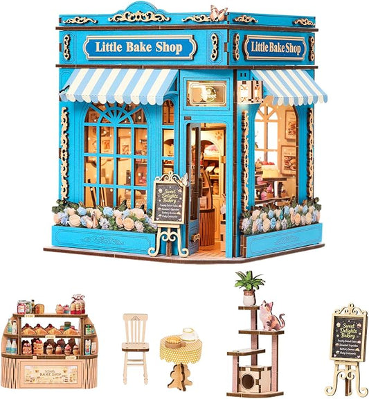 DIY Miniature Dollhouse Kit - 3D Wooden Puzzle for Adults, Illuminated Bakery Model Craft Kit with LED Light, Creative Diorama Room Decor & Hobby Gift,Little Bake Shop