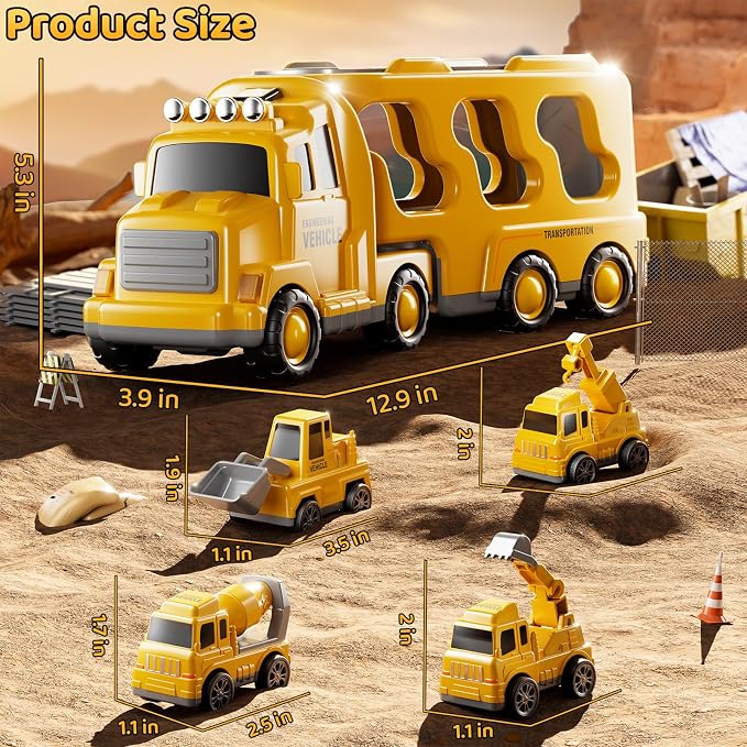 Construction Truck Toys Set for Kids Aged 1 2 3 4 5 6 7 8, Truck Playset with Toy Car, Light and Sound, Movable Parts Construction Toys for Toddlers, Birthday Gifts for Boys Girls 2-4 4-7