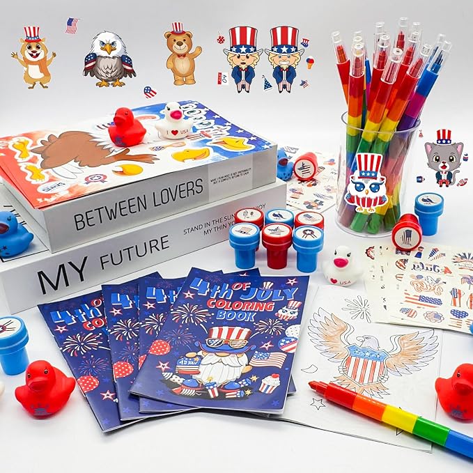 Cinrobiye 72 Pcs Patriotic Activity Set, 4th of July Coloring Books with Crayons, Stickers, Tattoos, Stampers and Mini Duck Accessories for Classroom Activity, Event Supplies and Holiday Gatherings