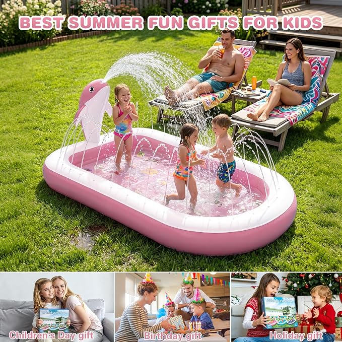 Splash Pads for Toddlers 1-3, Dolphin Toy Sprinkler for Kids, Outdoor Play Mat for Babies, 68" Backyard Inflatable Kiddie Pool, Splash Pad for Kids Ages 4-8, Birthday Gifts for 1 Year Old Boy Girl