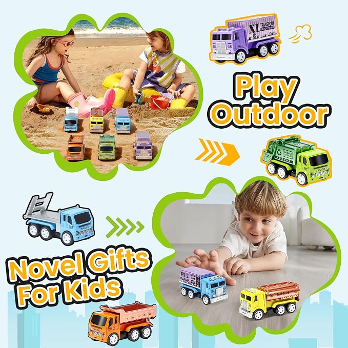 Oriate 6 PCS Diecast Metal Toy Trucks Vehicle Set, Cars Toys with Movable Parts, Mini Pull Back Toy Cars for Kids, Include Garbage Truck, Dump Truck, for Boys & Girls Age 3 4 5 6 +