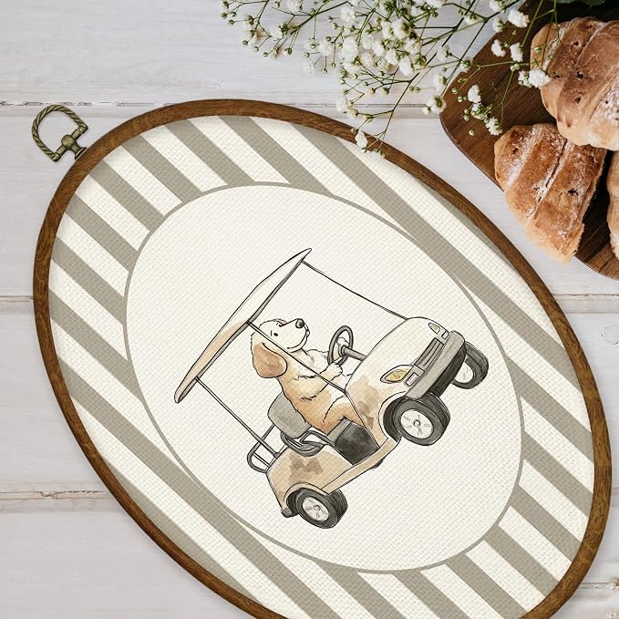 WULQYING Vintage Golden Retriever Golf Cart Wall Art Decor, Nursery Dog Sports Oval Framed Canvas Art Prints, Toddler Striped Sports Wall Hanging Decor for Home Playroom Boys Bedroom, 8.6x11.4 Inches