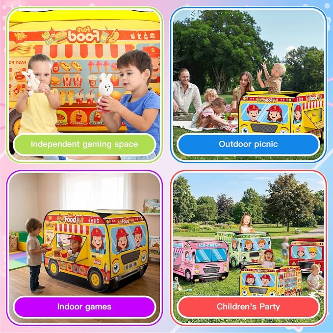 Pop Up Play Tent for Kids, Foldable Playhouse for Aged 3-5 Years Old Boys and Girls, Fast Food Truck, Hamburger Hot Dog Cart Indoor Outdoor Toy Tents for 4 5 6 3+ Kids Toddlers