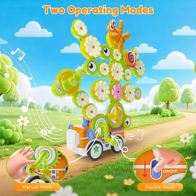Gears Building Toys for Kids Ages 3+, STEM Construction Set for Toddlers, Train and Flower Models with Electric & Manual Modes, Lights and Music, DIY Educational Learning Toys Gift for Boys and Girls