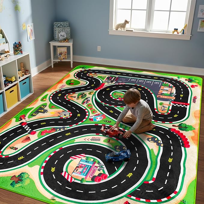 Kids Car Rug for Play Toy Cars, 4'11" x 3'3" Non-Slip Race Track Play mat Carpet Kid Road Rugs for Playroom Classroom Kids Room,Karting Road Racing Track Floor Mat Rug for Bedroom(for Age 2+,Green)