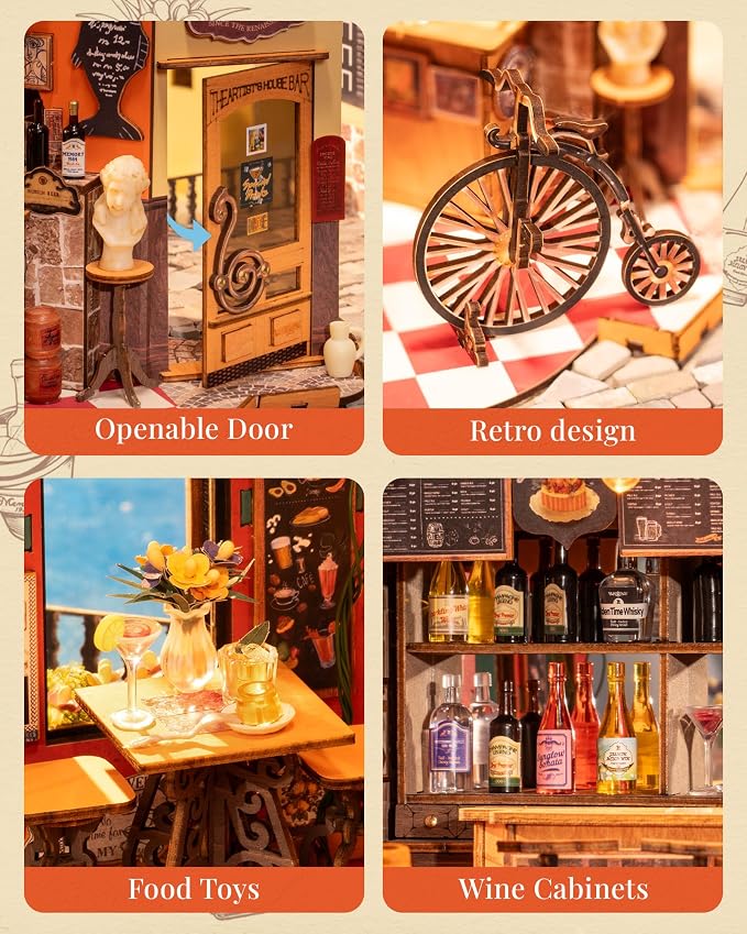 Rolife DIY Miniature House Kit for Adults, Cheers Bar Mini Wooden Dollhouse 1:18 Tiny Building Diorama Mini Model House Kits Birthday Craft Hobbies Gift Home Decor for Friends Family