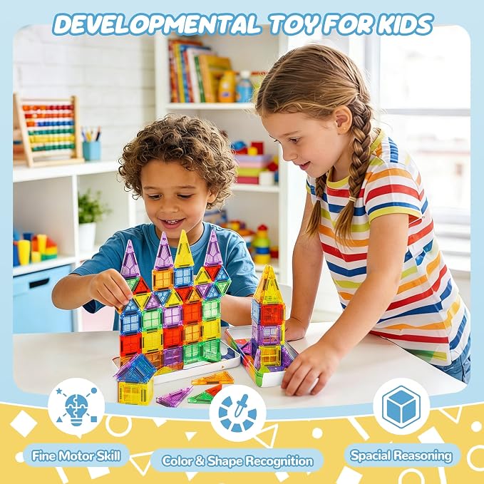 cossy Mini Magnetic Tiles, 60 PCS Magnet Tiles Travel Toys with Iron Box, Travel Magnetic Tiles for Restaurant, Car & Plane Play, Toys for 3 4 5 6 7 8 Year Old Boy and Girl