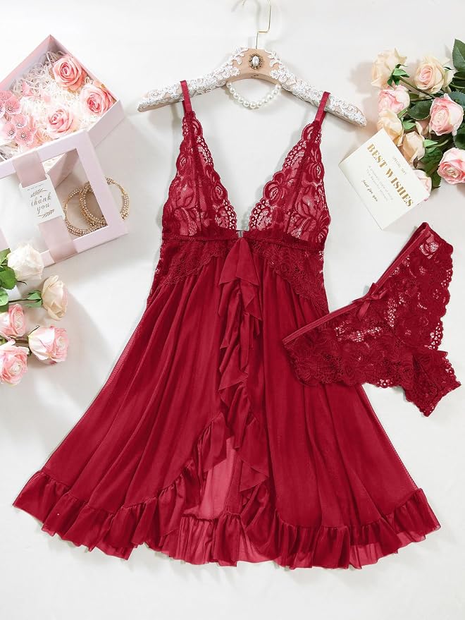 Foxiny Sexy Open Front V Neck Ruffle Sheer Mesh Lace Wireless Babydoll Lingerie Dress with Thong 2 Piece