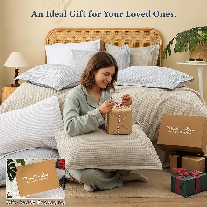 David's Home Waffle Weave Comforter Set 3PCS King Size, Soft Breathable Lightweight Cozy Skin-Friendly Warm for All Season, Elegant Aesthetic Home Decor Bedding Set with Pillow Shams, White