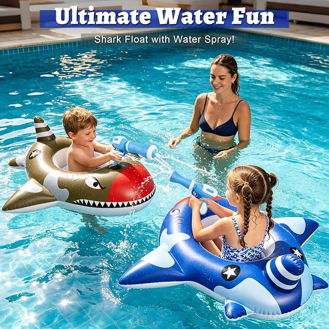 2 Pack Inflatable Shark Pool Floats Kids 3-11 Years, Kids Floaties Swimming Pool Toys with 2 Water Squirt Guns Boys Girls Party Float Ride-on Toddler Floatie with Safety Seat Summer Outdoor Water Game