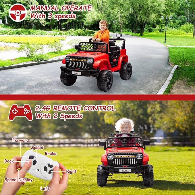 GarveeLife 12V Kids Ride On Truck Electric Vehicle Battery Powered Car Toddlers Ride On Toy for Boys Girls with Remote Control, 4-Wheel Suspension, Battery Display, LED Lights, Music, Red