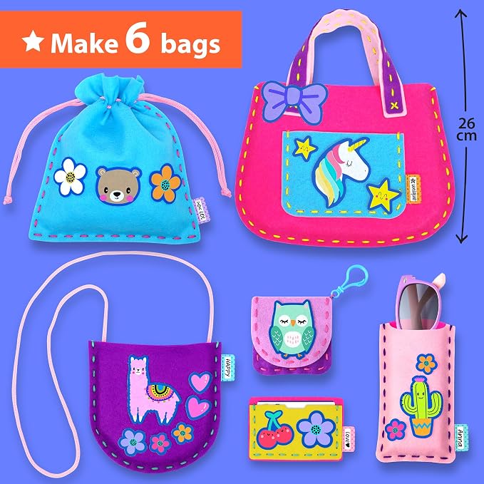 KRAFUN Sewing Bag Kit for Beginner Kids - 6 Animal Themed Projects Age 6+ | Sew 6 mini animal-themed bag & case holders. Instructions & felt included. Gift for girls & boys learning to sew