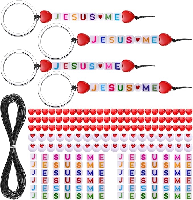 Ferreve 36 Sets Jesus Loves Me Beads Key Chain Crafts Kit for Kids Religious DIY Keychain Bulk Inspirational Letter Heart Shape Beads Key Ring for Jewelry Making VBS Week Sunday School Christian Gifts