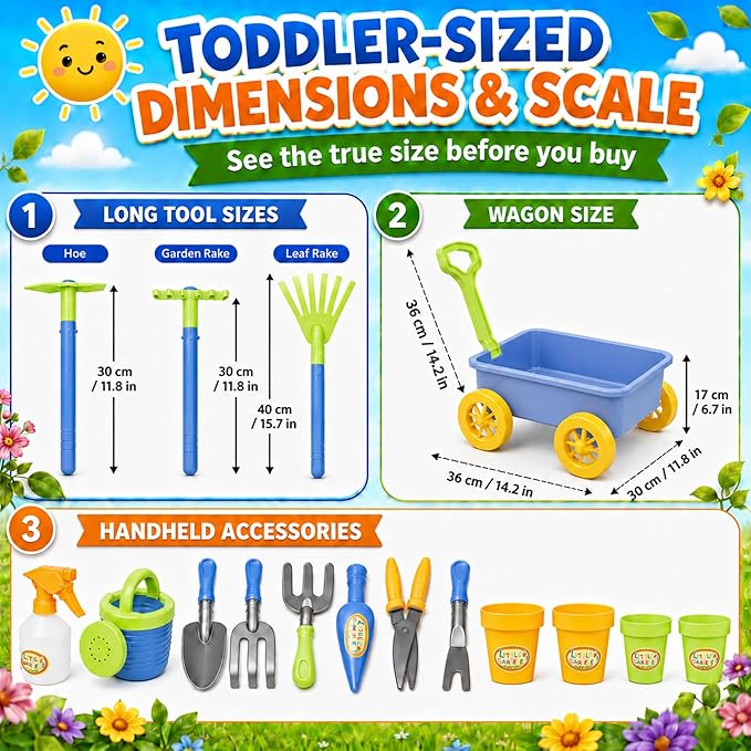 Liberty Imports Pull Along Garden Wagon and Gardening Tools Toy Play Set for Toddlers, Kids with Outdoor Tools, Plant Pots, Accessories