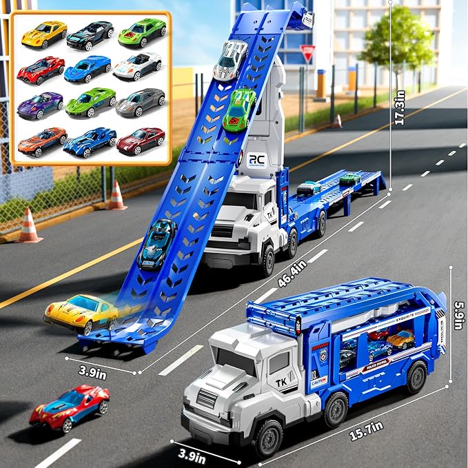 Toddler Car Truck Toys for 3 4 5 6 7 8 Years Old Boys, Transporter Truck Toy Track Set with 12 Die-Cast Car Toys, Toy Gifts for 3 4 5 6 Year Old Boys Kids