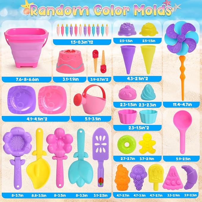 Dreamon Collapsible Beach Toys Set for Kids 3-10, Collapsible Sand Bucket Shovels Set with Mesh Bag and Beach Molds, Ice Cream Sand Toys for Beach, Sandbox Travel Toys for Kids Toddlers Girls